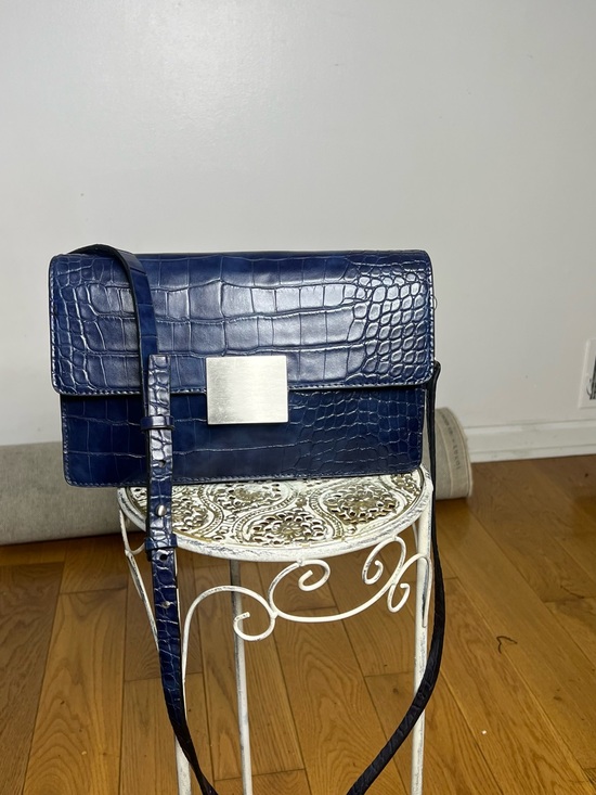 Zara Handbags - Zara Navy Croc-Embossed Crossbody Bag with Silver Hardware